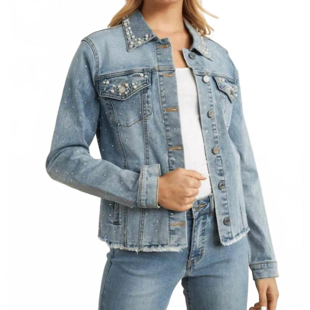 NEW JOSEPH RIBKOFF pearl detail jean jacket in light blue denim